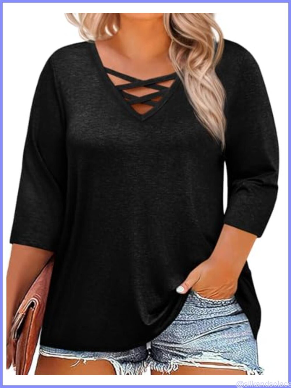 Womens Plus Size Criss Cross V Neck 3/4 Sleeve Tunic Tee